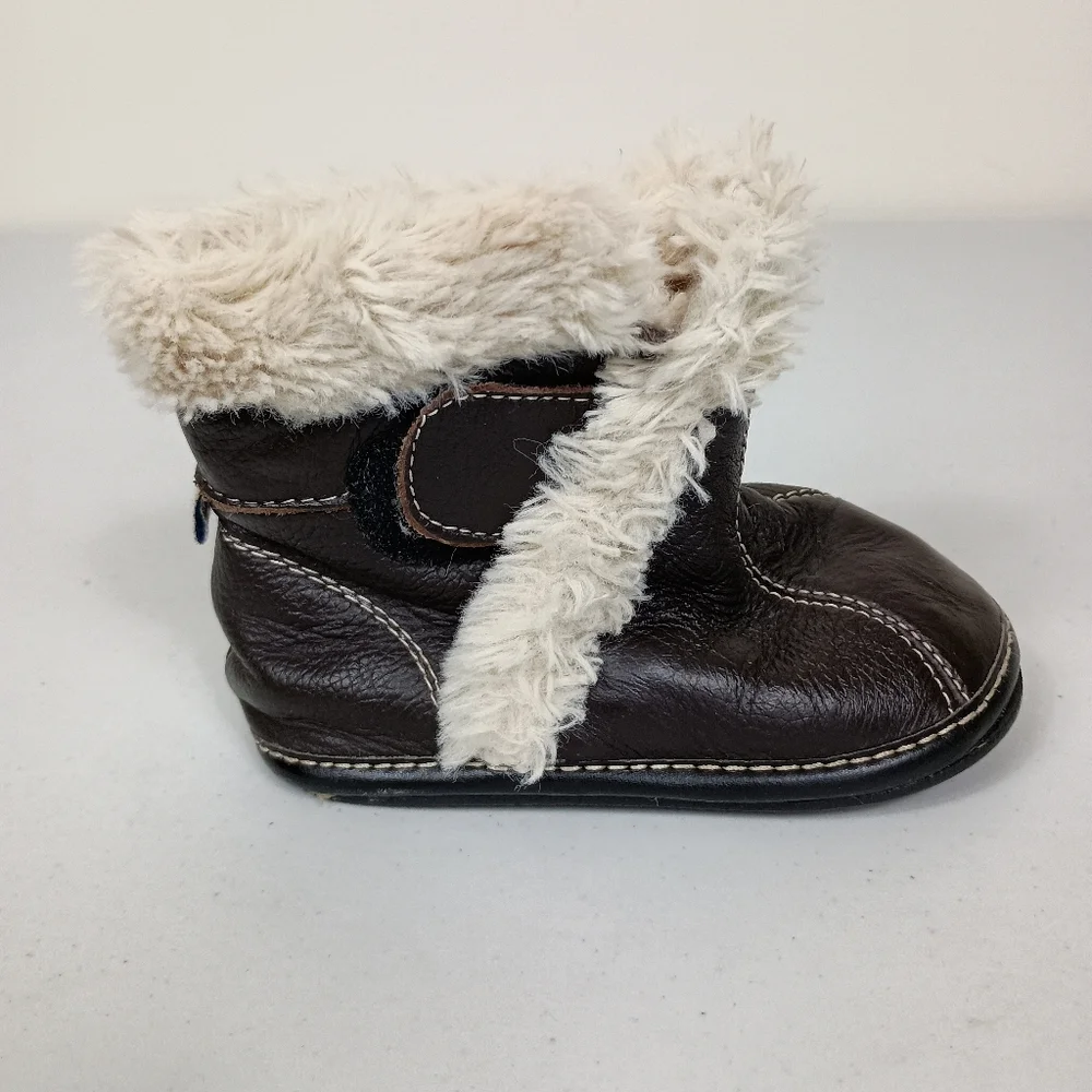 Jack Lilly Leather Moccasin Boots 18-24M Brown Sherpa Slip On Hook Loop Closure